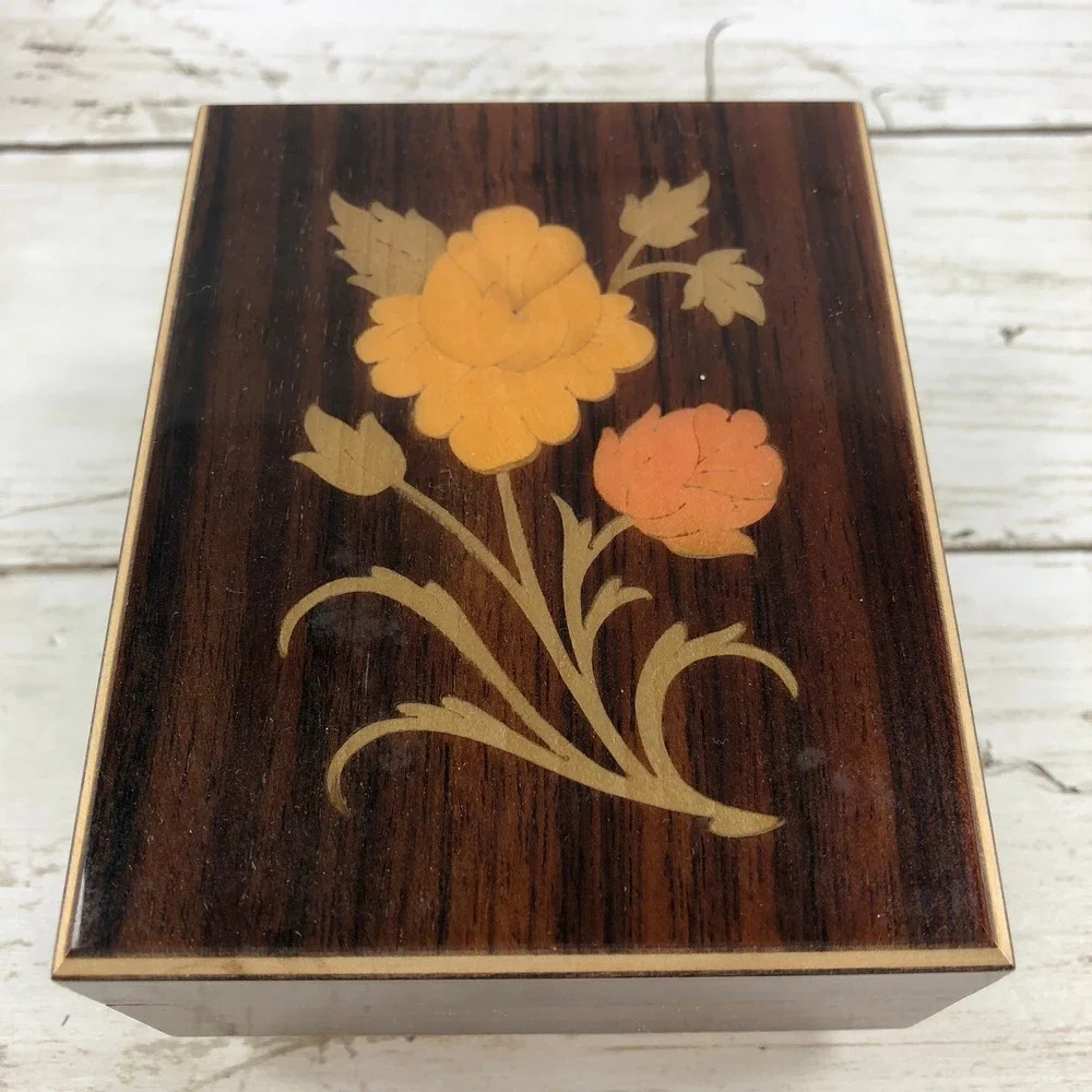 Vintage Mapsa Swiss Musical Movement Wood Jewelry Box Edelweiss Floral Inlay